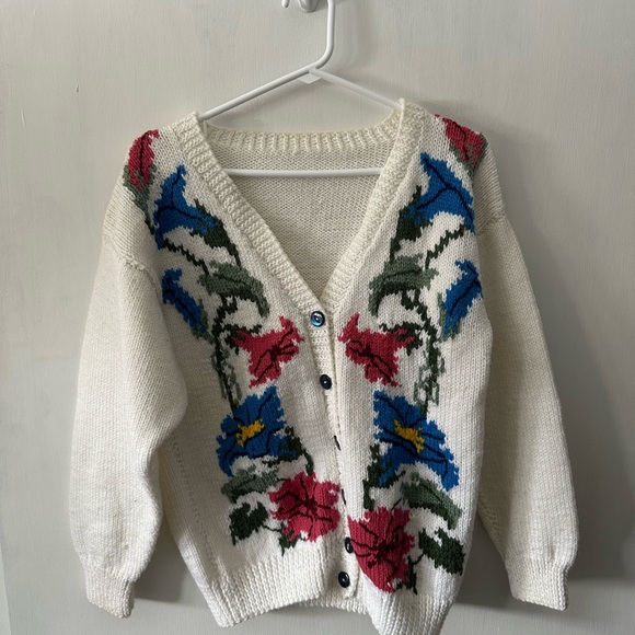 Handmade Sweaters - Handmade  Knit Women's Sweater - White with Multicolor floral Design Ptp 19.5”